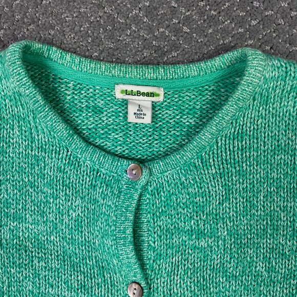 LL Bean Cardigan Sweater Women's Large Green Marled Ragg Cotton 245208 - Picture 2 of 10